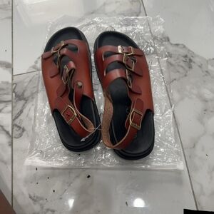 Source Unknown Red Brown Triple-Buckle Sandals